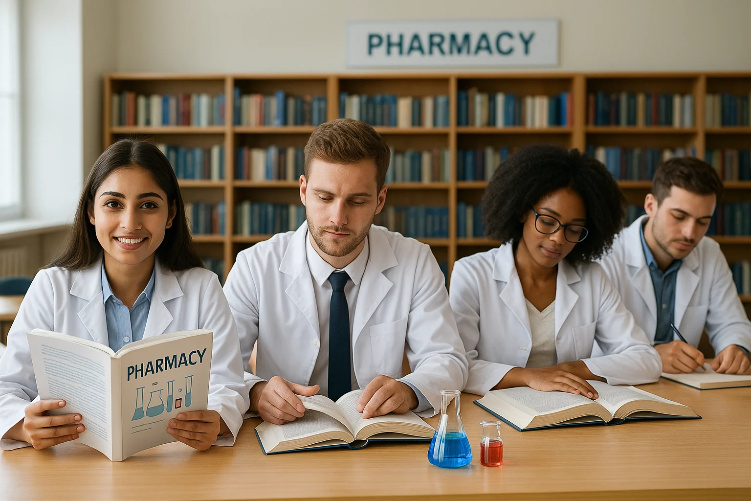 International pharmacy students studying together in a library setting, wearing lab coats, with science books and lab glassware on the table